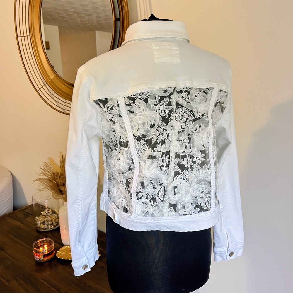 White Denim Jacket Womens White Floral Lace Back Trucker Coat
